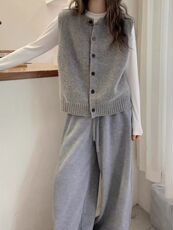 灰色圆领毛衣马甲女开衫秋冬新款羊毛百搭叠穿坎肩针织背心上衣，女装针织衫/毛衣，浩新羊绒