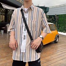 港风夏季条纹短袖衬衫宽松休闲BF风潮流衬衣CS02/，男装衬衫，电商D202