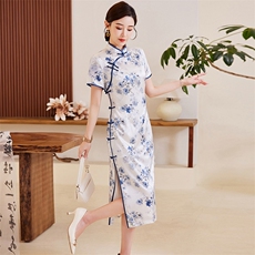 2024夏季新款高奢时尚盘扣中长款专柜品质真丝旗袍日常连衣裙，女装汉服/婚纱/旗袍/礼服，媚琳依坊