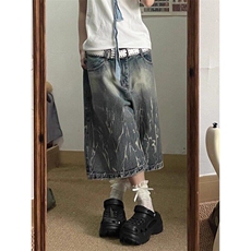 美式街头闪电纹牛仔七分裤男女夏季复古宽松阔腿直筒裤LN7499-P48，男装牛仔裤，星座1008