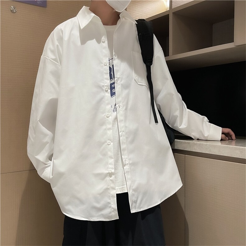 复古简约白色长袖衬衫街头宽松情侣休闲衬衣C208P45,男装衬衫,电商D325