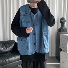 极简文艺V领宽松牛仔马甲复古工装机能风休闲马甲HY26TP60控98，男装工装外套，电商A102B