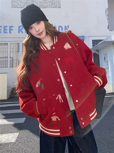 2025红色休闲韩系条纹棒球服外套女毛绒绒冬季羽绒服保暖上衣新款图片