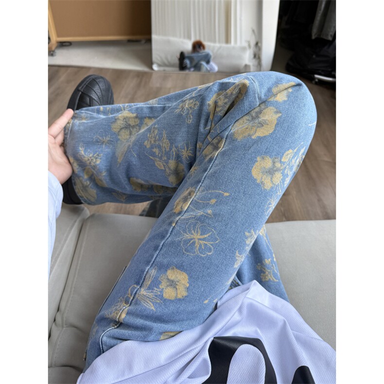 蓝色美式高街提花牛仔裤男秋季痞帅高级感裤子修身窄版直筒微喇裤,男装牛仔裤,电商B221