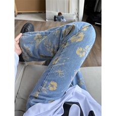 蓝色美式高街提花牛仔裤男秋季痞帅高级感裤子修身窄版直筒微喇裤，男装牛仔裤，电商B221