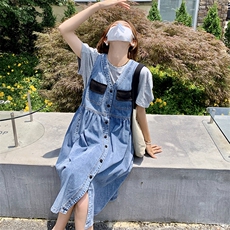 减龄牛仔背带裙套装女2023夏季新款温柔风设计感别致小个子连衣裙，女装套装/套裙，菡迪欧娜