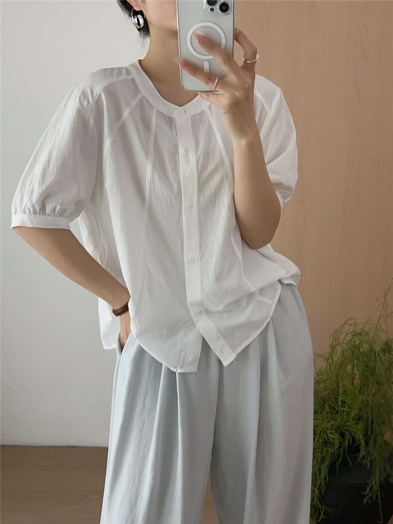2025年夏季薄款宽松型休闲短款短袖女,女装衬衫,洛丽兰可