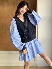 2025年春季新款蓝色条纹假两件连衣裙女时尚流行气质女神范衬衫裙，女装连衣裙，浙宝208
