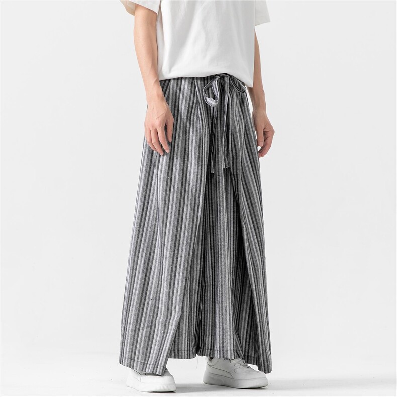 风条纹阔腿裤直筒休闲裤裙裤男改良汉服潮新中式D536/P75，男装民族服装，星座206（原A221）