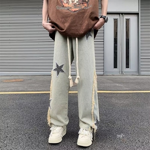 美式高街复古水洗做旧牛仔裤男潮hiphop宽松阔腿直筒裤K9938-p55