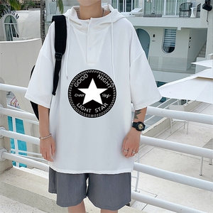 LD54008-P45 连帽短袖t恤男大码胖子带帽五分袖中袖图片