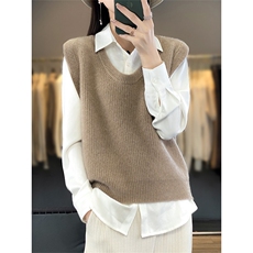 时尚百搭紫色无袖针织背心女秋冬季新款宽松显瘦毛衣外套上衣，女装马甲，绒汀羊绒