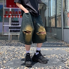 美式复古破洞牛仔短裤男生潮牌百搭宽松直筒7分阔腿裤子男女夏季，男装牛仔裤，星座601-2