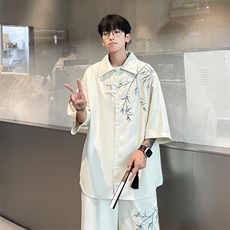 风绣花衬衫套装印花宽松版型百搭短袖衬衫套装CS931+DK933P65，男装衬衫，电商A128