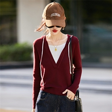 简约撞色连帽针织衫女2025秋季新款上衣假两件带帽毛衣外套打底衫，女装针织衫/毛衣，菲奥羊绒