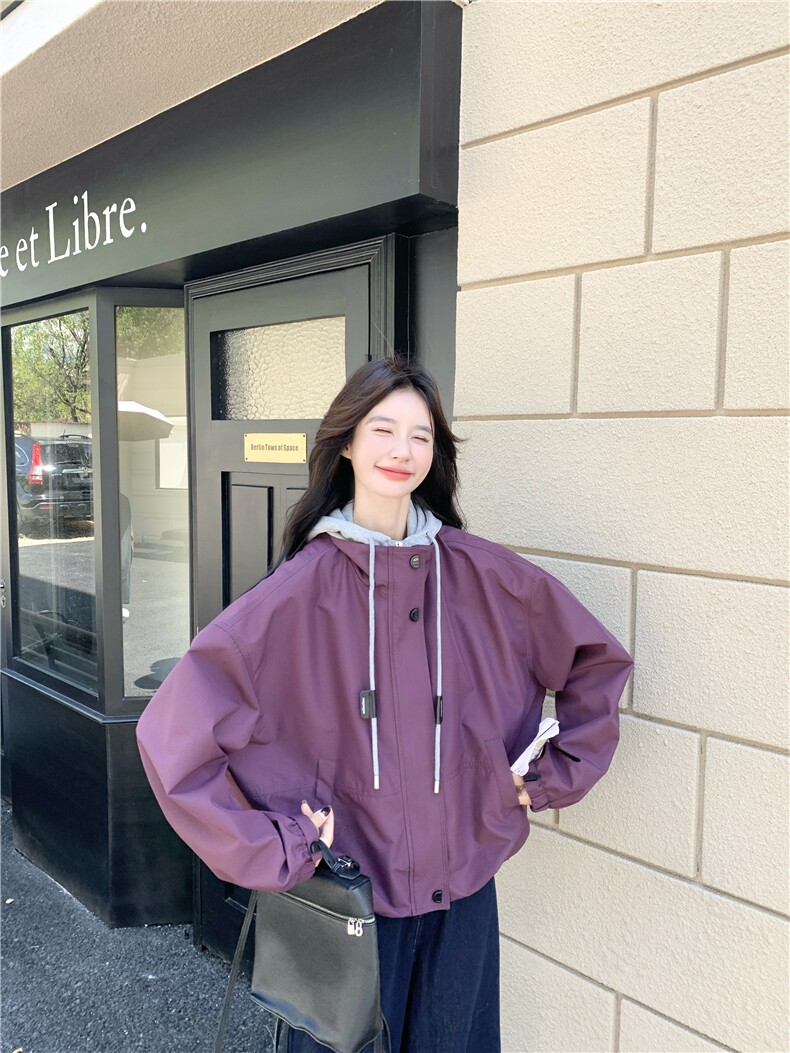 紫色韩系时尚洋气拼接连帽假两件外套女2025秋季新款百搭休闲夹克,女装派克服,2D034