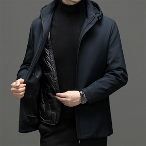 冬季新款男士可脱卸内胆连帽保暖羽绒服中年商务休闲白鸭绒外套图片
