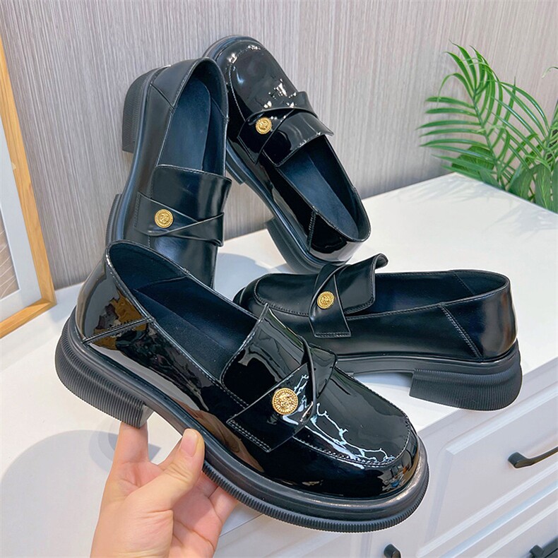 黑色乐福鞋女2024春季新款粗跟单鞋浅口休闲时装鞋一脚蹬小皮鞋女，女鞋小皮鞋，电商A223