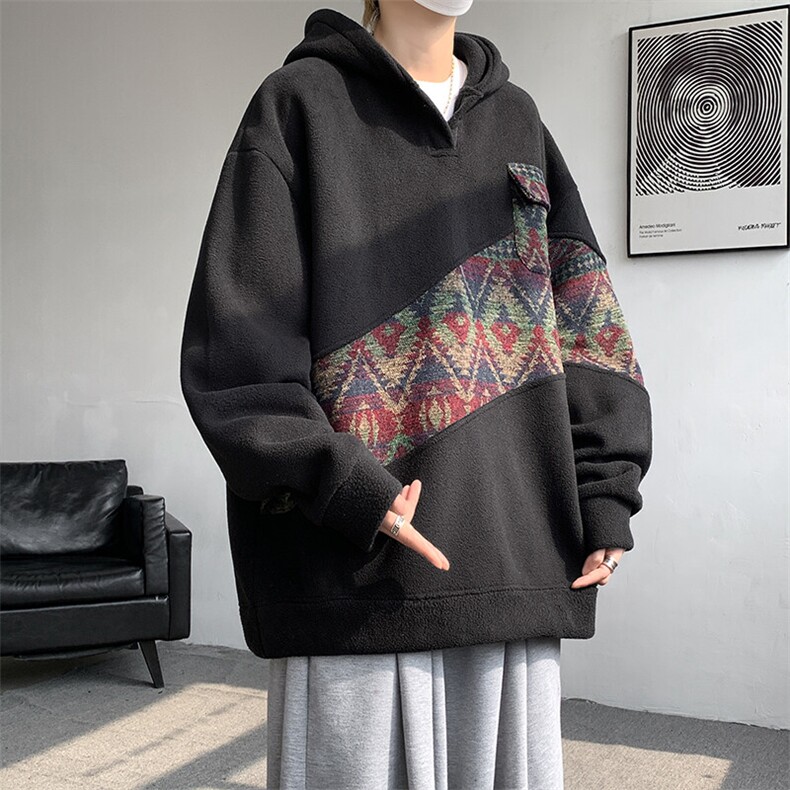 摇粒绒撞色拼接保暖连帽小众卫衣,男装卫衣,电商A059