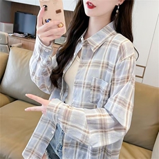 美式浅蓝色防晒格子衬衫外套女夏季小个子薄款衬衣女款开衫上衣，男装防晒衣，星座1210-1