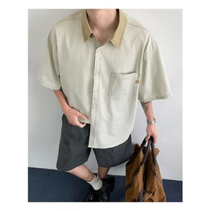 ER0500-P35潮牌2025美式撞色翻领短袖衬衫男cleanfit复古宽松衬衣图片