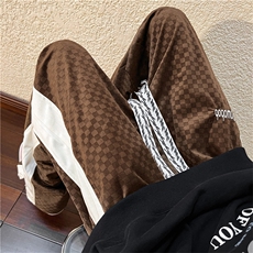 秋冬季日系棋盘格排扣运动裤男美式复古侧边拼接阔腿裤K5317-P40，男装休闲裤，星座512-2