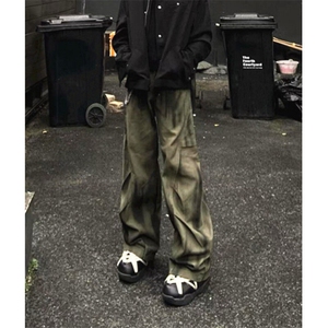 设计感宽松褶皱拼接做旧牛仔裤男潮牌休闲阔腿廓形弯刀裤 NA284图片