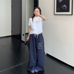 美式字母印花直筒运动休闲裤男女2026春季松弛感高腰百搭阔腿卫裤图片