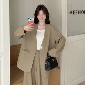 卡其色时尚西装套装女2025春秋新款韩系轻熟风休闲阔腿裤两件套图片