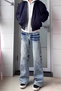 春秋水洗渐变色复古牛仔裤男女网红潮牌高街美式潮流修身小脚长裤图片