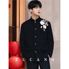 春秋新中式重工刺绣玉兰花中山装西服外套男复古痞帅高级感西服潮，男装西服，星座601-1