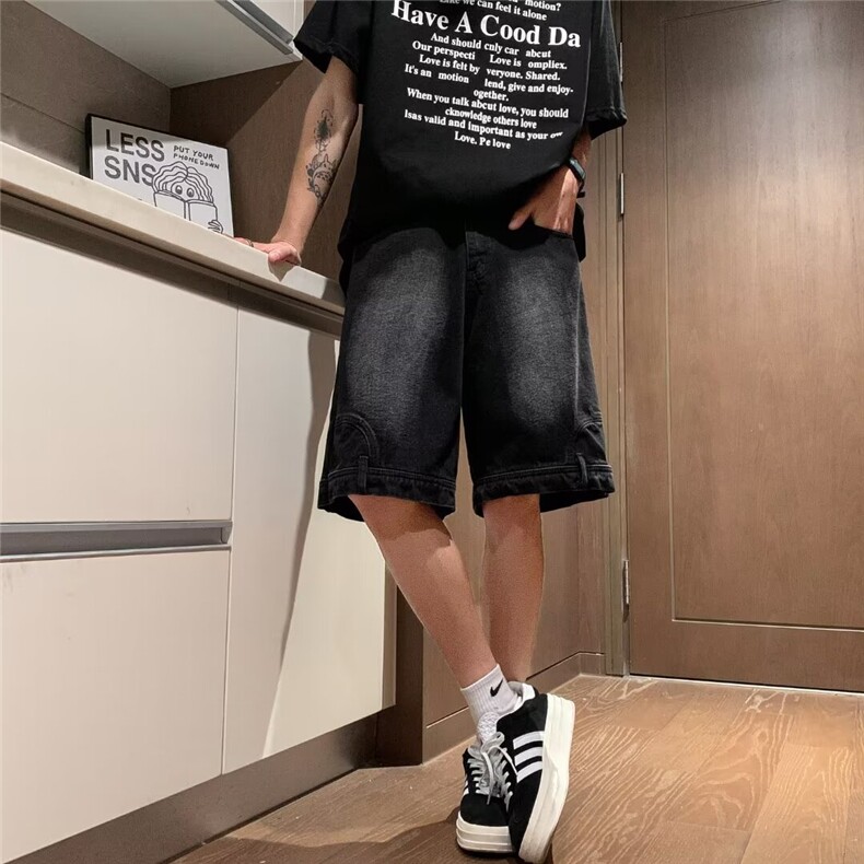 男士牛仔裤夏季薄款美式复古高街潮牌五分裤宽松直筒休闲水洗中裤,男装牛仔裤,星座1013
