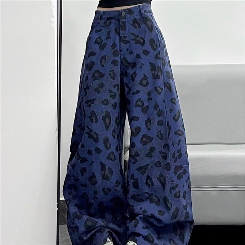 秋季美式高街豹纹直筒休闲裤男女宽松百搭小众潮流阔腿牛仔长裤图片