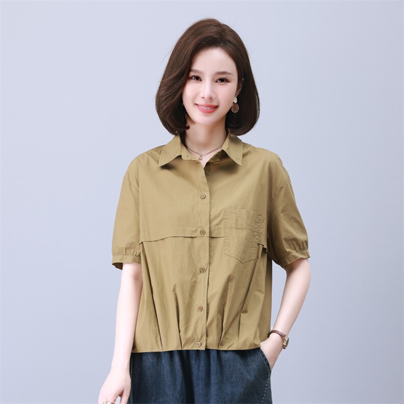 时尚宽松休闲抽绳上衣女短袖衬衫百搭显瘦气质衬衣图片