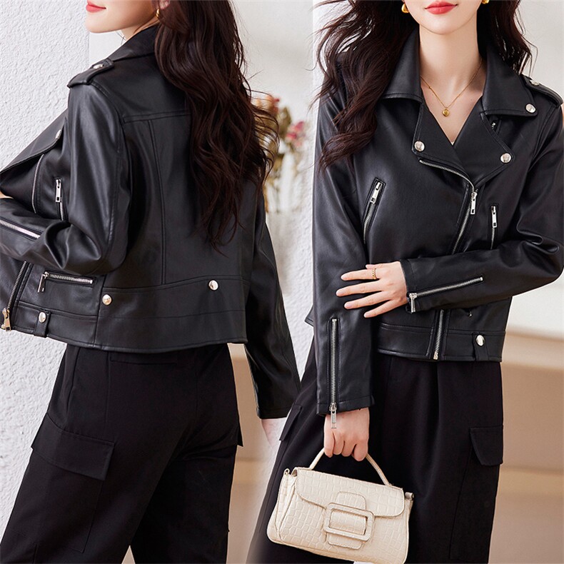春秋新款海宁正品皮衣女短款韩版修身显瘦翻领机车皮夹克小外套潮，女装皮衣，潮流依族