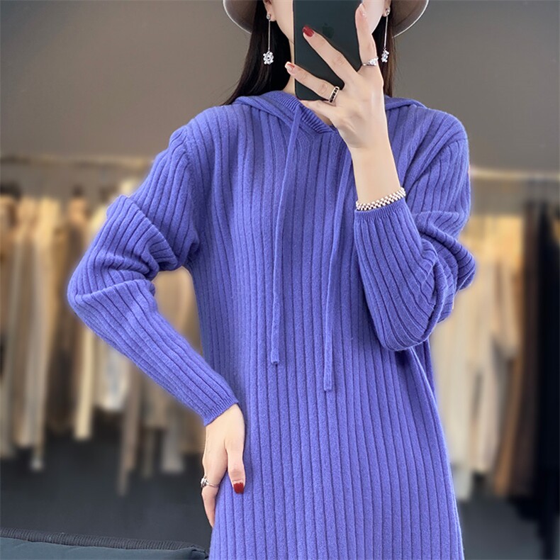 秋冬季新款女时尚中长款连帽竖条大码羊毛衫,女装羊毛衫,江杉羊绒