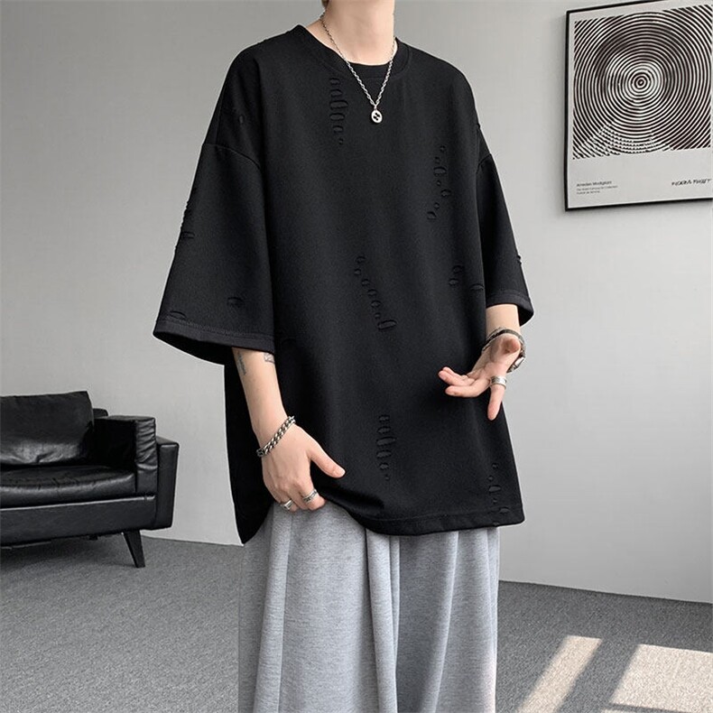 T10137-特批33控68开口笑高品质夏季大码短袖破洞潮流百搭T恤,男装T恤,电商A059
