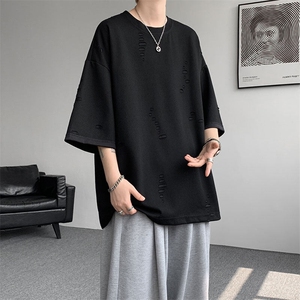 T10137-特批33  控68 开口笑高品质夏季大码短袖破洞潮流百搭T恤图片