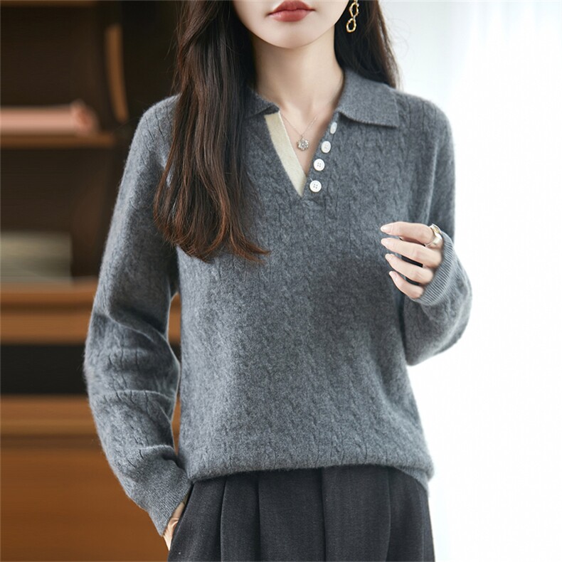 2025年秋季长袖polo麻花V领时尚百搭通勤羊毛衫，女装羊毛衫，新胜羊绒