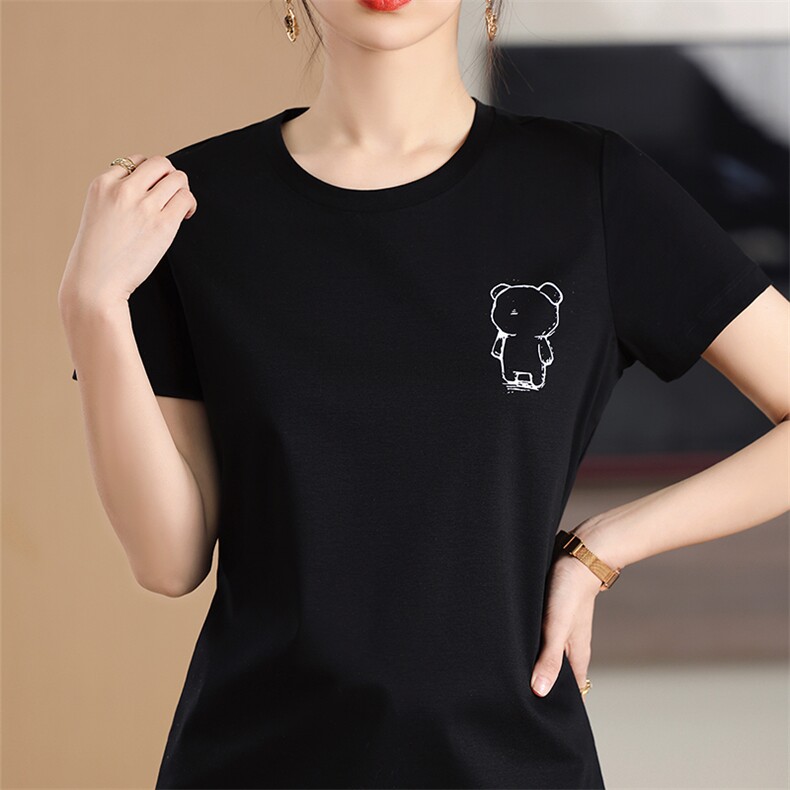 丝光棉烫钻烫画刺绣短袖t恤女夏季新款韩版宽松显瘦百搭圆领上衣,女装T恤,元素羊绒