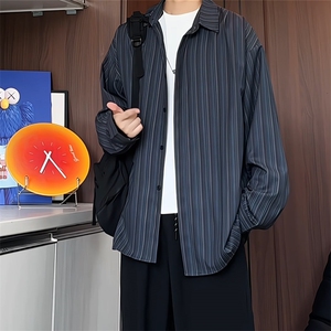 C235/P40秋季新款老钱风条纹衬衫男暗门襟设计感长袖男士衬衣图片