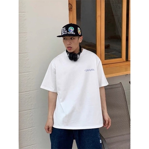 美式复古印花短袖男女款夏季重磅宽松百搭运动t恤情侣休闲五分袖图片
