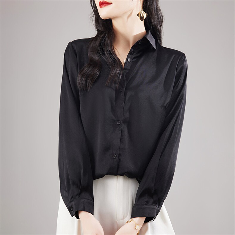 时尚百搭黑色长袖衬衫女早秋新款修身显瘦气质上衣，女装衬衫，亿美羊绒