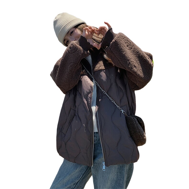 时尚咖色羊羔毛拼接保暖羽绒服女2025冬季新款显瘦加厚白鸭绒外套,女装羽绒服,慧尚2-185