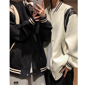 美式棒球服外套男春秋季情侣款潮牌高街复古拼接PU皮帅气休闲夹克图片