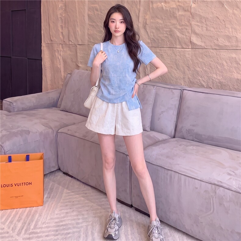 女夏新款时尚减龄套装圆领侧绑带晕染设计短袖上衣蕾丝短裤两件套,女装套装/套裙,江南