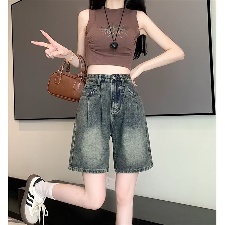 做旧阔腿牛仔短裤美式复古水泥灰牛仔短高腰女牛仔短裤DK194-p38图片