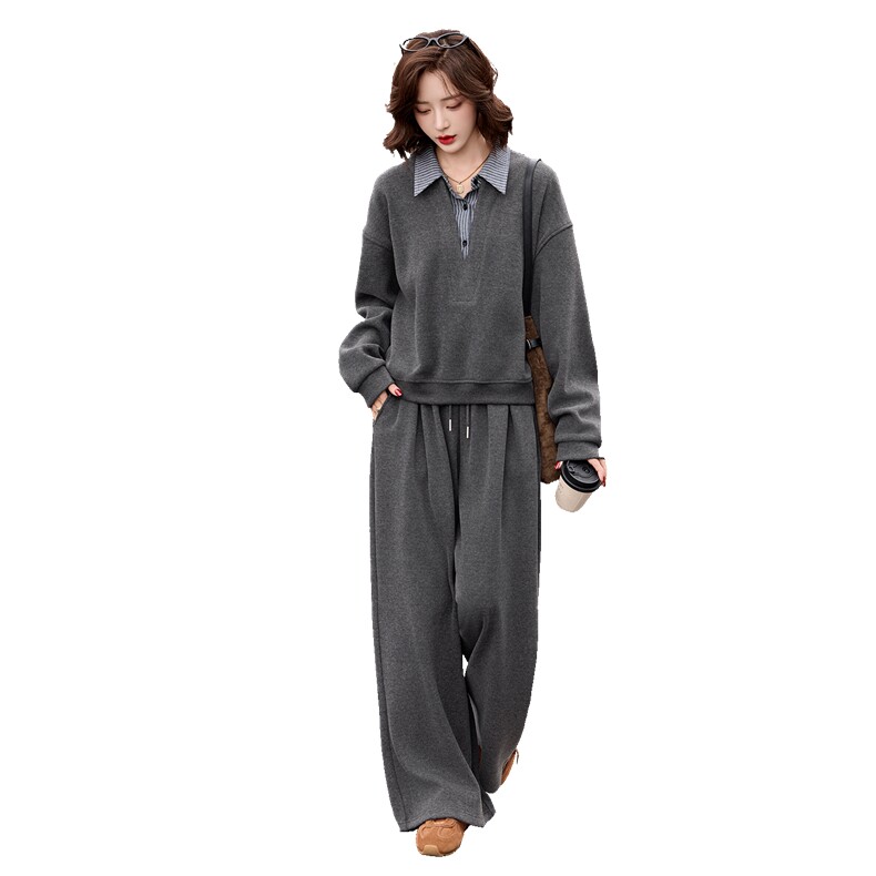 韩系拼接衬衣领时尚套装女2026春秋季高级感洋气显瘦休闲两件套,女装套装/套裙,关键词