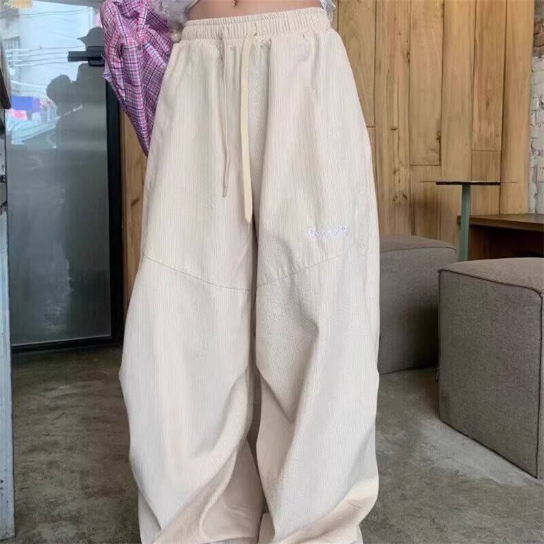 美式复古阔腿休闲裤女宽松显瘦撞色条纹小众慵懒风垂感高腰长裤潮，女装休闲裤，星座506A