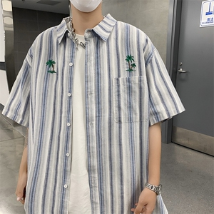 F324-P36 夏季新款百搭半袖衬衣外套日系潮牌条纹短袖衬衫男现货图片